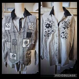 NWT VTG Casey & Max Emb Gingham Patchwork Vest and Shirt Set Women Large Black‎